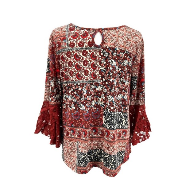 Roommates Boho Flowy Mixed Floral Print Lace Ruffle Bell Sleeve Tops - Picture 12 of 16